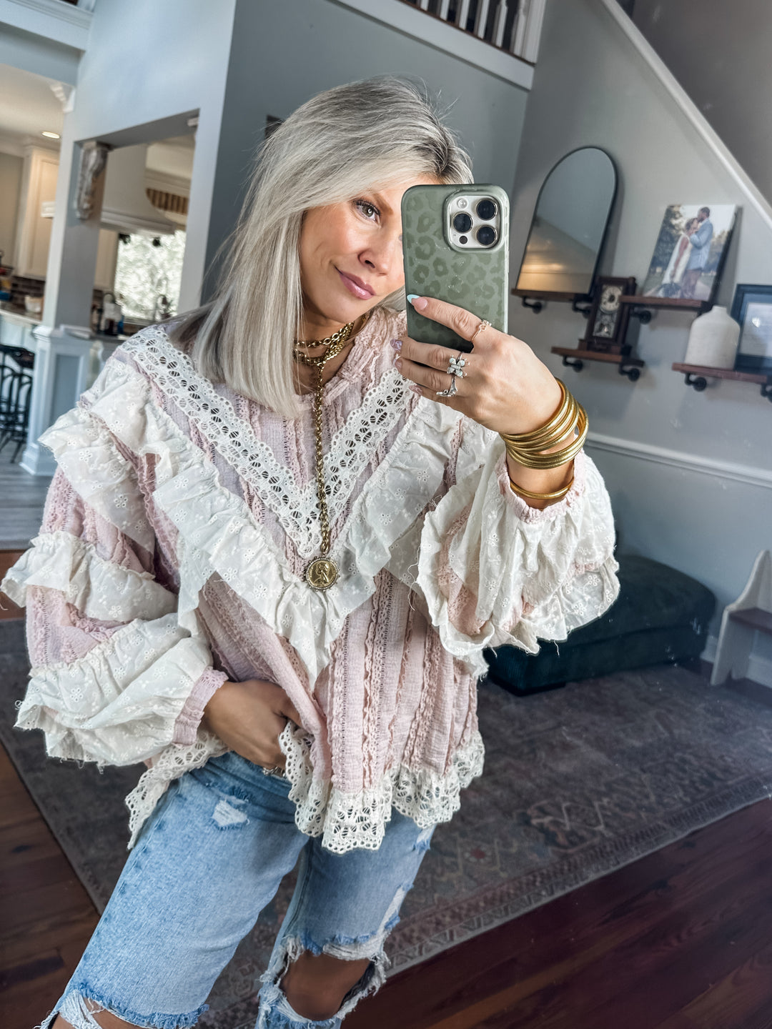 Statement Stitch Lace Top - Pink