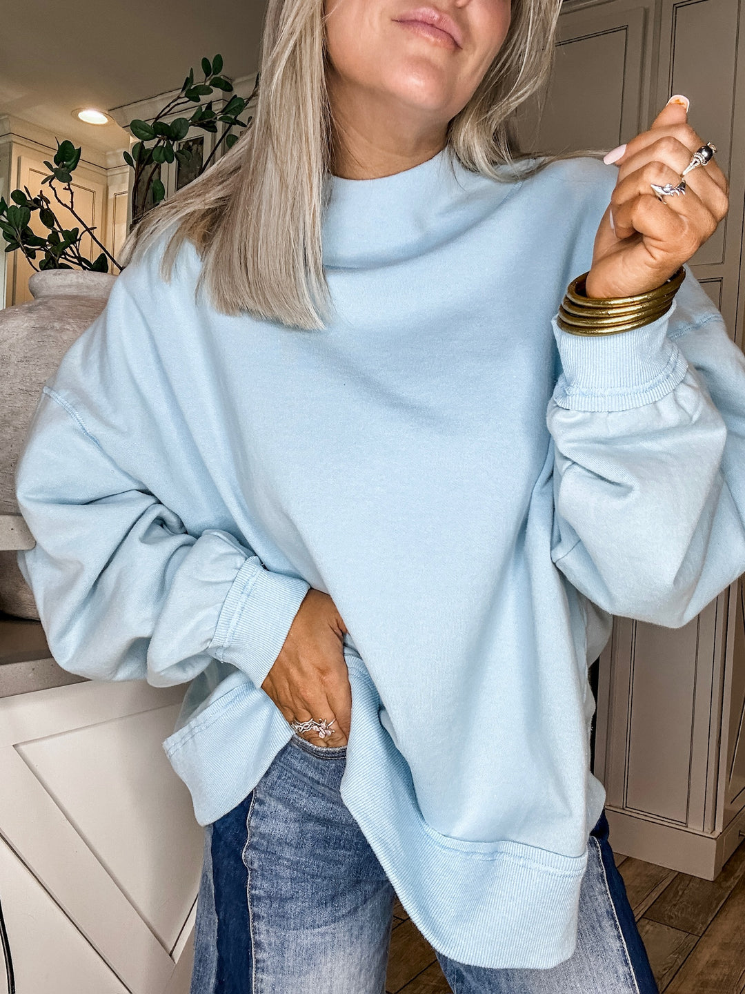 Perfectly Worn Mineral Wash Mock Neck - Blue