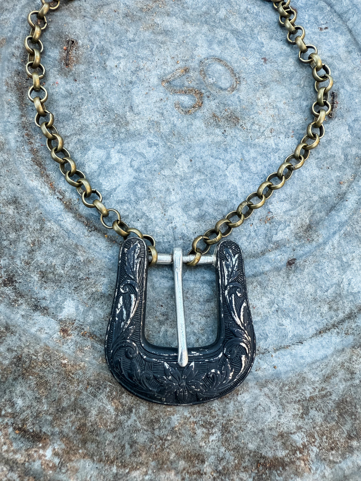 Antique Belt Buckle Necklace - Black