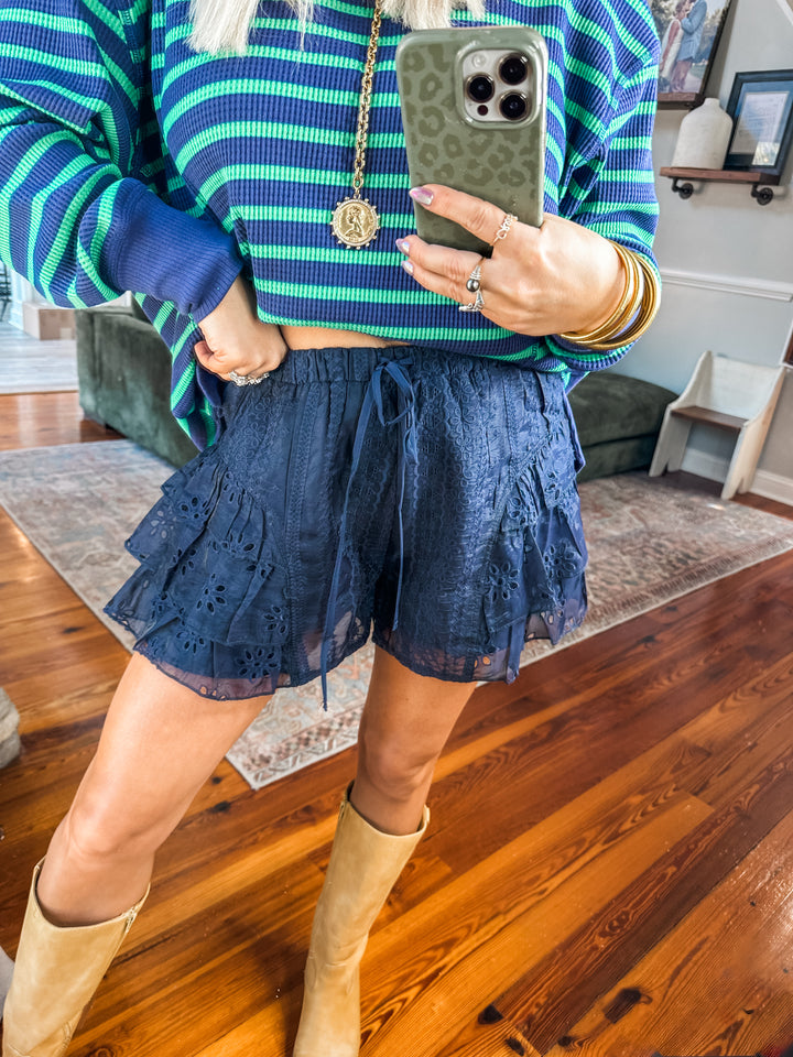 Dainty Drama Tiered Ruffle Shorts - Navy