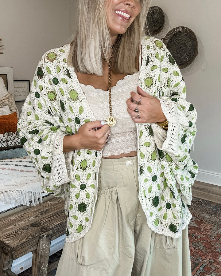 Mixed Feelings Crochet Cardigan - Green