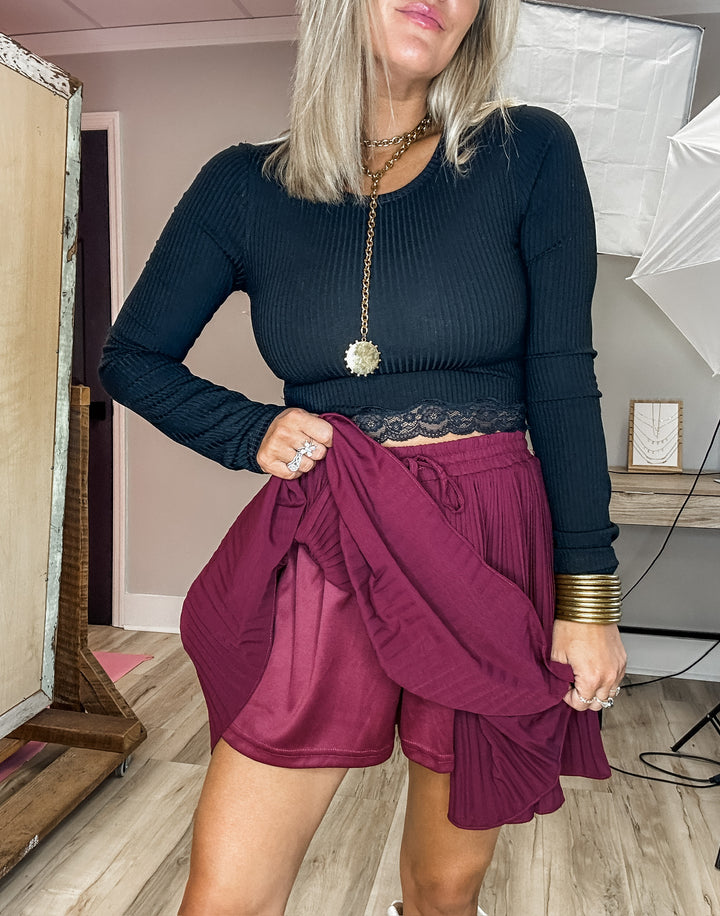 Follow Me Pleated Skort - Burgundy DOORBUSTER