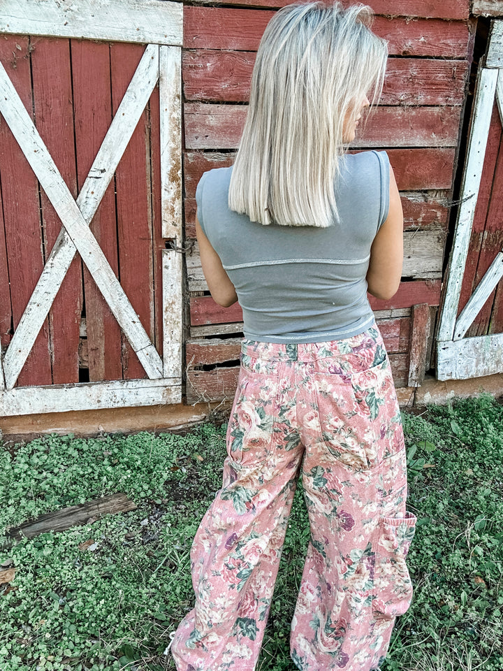 Memory Lane Floral Denim Bottoms - Rose