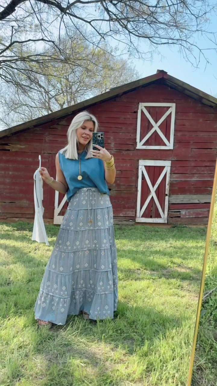 Washed Denim Bloom Maxi Skirt